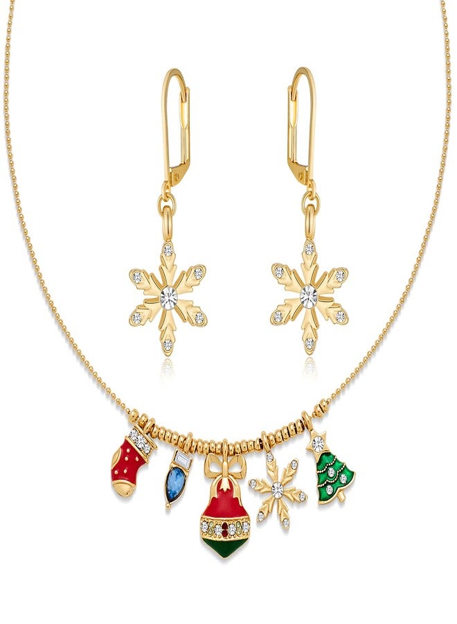 HolidayQbee Christmas Necklace Earrings Jewerly Set Dainty Gold Christmas Tree Snowflake Charm Necklace Handmade Snowflake Earrings for Holiday Jewelry Gifts - Image 1